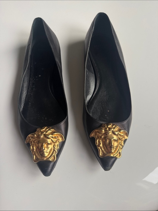 Versace Shoes - Versace Black Leather Pointed-Toe Flats with Gold Medusa Plaques